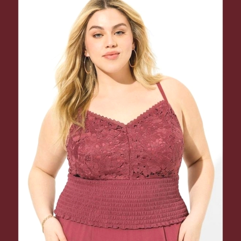 Torrid - Maroon Lace Smocked Crop Sleeveless Top